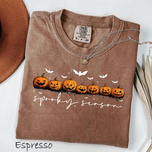 May include: Espresso-colored t-shirt with a crew neck, featuring a row of carved orange pumpkins and white bats. The words "spooky season" are written in white script. A silver necklace with a pendant is draped on the shirt.