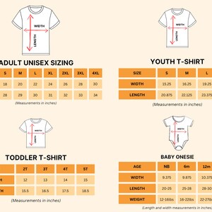 four different size charts for children's clothing, including a toddler t-shirt and a youth t-shirt. The charts provide measurements in inches for the width and length of the shirts.