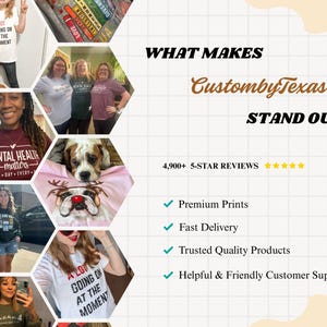 The image is a collage of various images featuring people and products, with a focus on the "WHAT MAKES CustombyTexas STAND OUT".