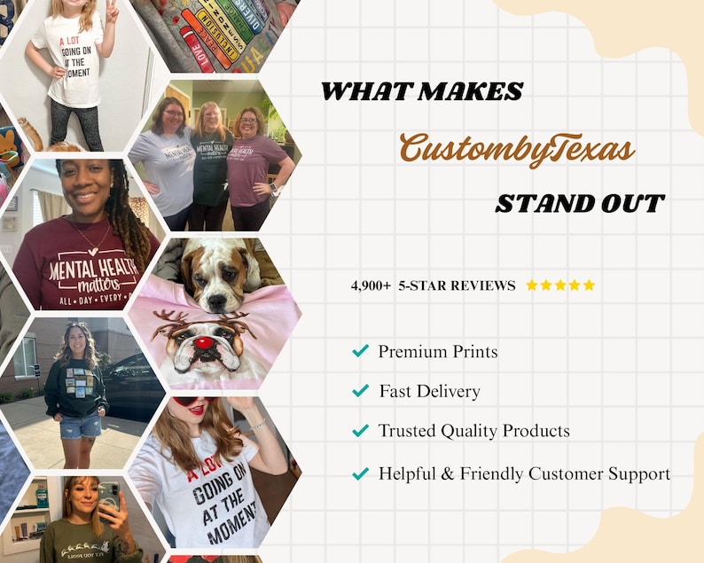The image is a collage of various images featuring people and products, with a focus on the "WHAT MAKES CustombyTexas STAND OUT".