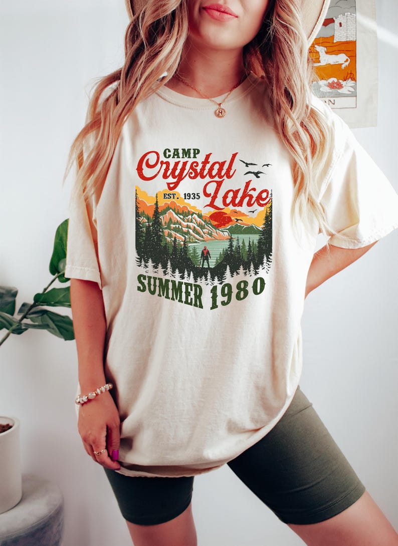Camp Crystal Lake Shirt, Friday The 13th Jason Voorhees Horror Movie Shirt, Scary Movie Halloween T-Shirt, Vintage 80s Camp Crystal Est 1935 image 4