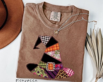 Comfort Colors® Patchwork Witch Hat, Cute Halloween Witch Shirt, Retro Halloween, Halloween Gift, Halloween Spooky Shirt, Trending Halloween