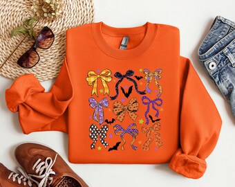 Colorful Halloween Bows Shirt, Cute Witchy Bow T-Shirt, Fall Tee With Orange And Purple Ribbons, Trick Or Treat Sweatshirt For Women