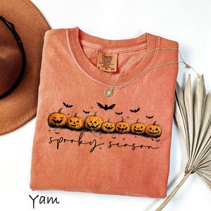 May include: A coral-colored t-shirt with a crew neck featuring a row of carved jack-o'-lanterns and black bats. The words "spooky season" are written in a script font. A gold necklace and a brown hat are also visible.