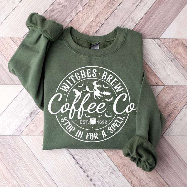 Sudadera Witches Brew Coffee Co, Sudadera linda de Halloween, Sudadera para amantes del café para mujer, Camiseta de brujas de Halloween, Camiseta divertida de Halloween