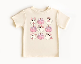 Girls Halloween Kids Shirt, Cute Pumpkin Ghost Coquette Toddler Shirt, Retro Halloween Kids Tee, Cute Ghost Natural Shirt