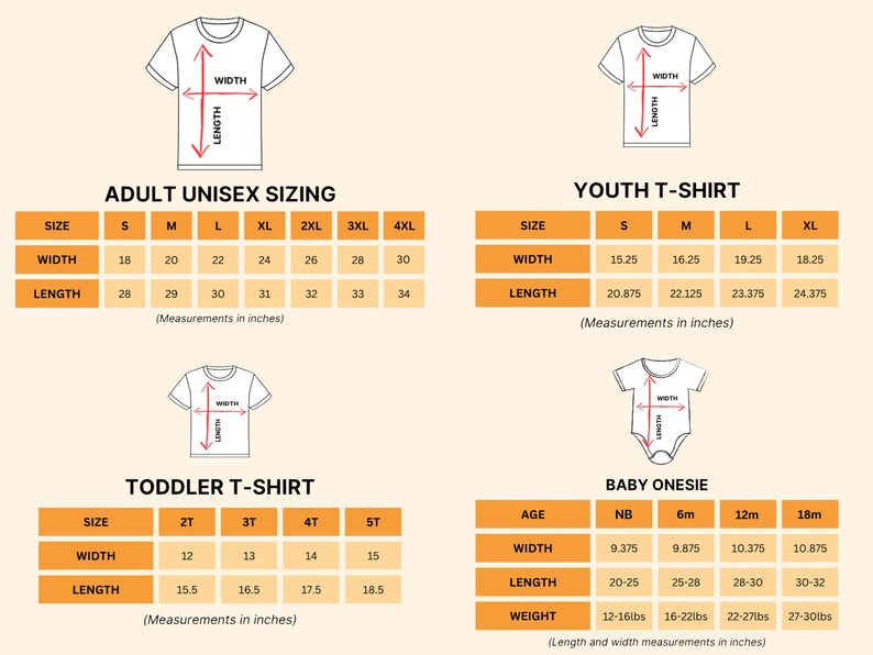 four different size charts for children's clothing, including a toddler t-shirt and a youth t-shirt. The charts provide measurements in inches for the width and length of the shirts.