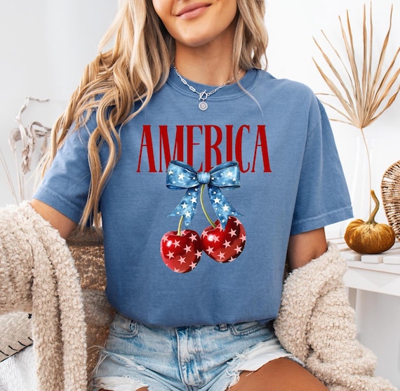 Comfort Colors® 4th of July Bow Coquette Shirt, Cherry Shirt, American Flag Tee, USA Shirt, Independence Day, Womens Shirt, Patriotic Shirt