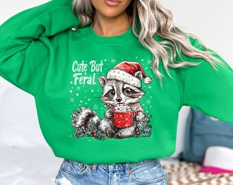Cute But Feral Christmas Raccoon Shirt, Christmas Season Feral Raccoon Shirt, Christmas Shirt, Funny Raccoon Meme Shirt