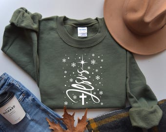 Christian Christmas Sweatshirt, Jesus Cross Snowflake Pullover, Religious Holiday Sweater, Faith Winter T-Shirt, Christmas Tee, Jesus Tee