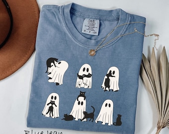 Comfort Colors® Black Cat Ghost Shirt, Funny Halloween T-Shirt, Cute Spooky Tee With Cats And Ghosts, Fall Season Sweatshirt For Women