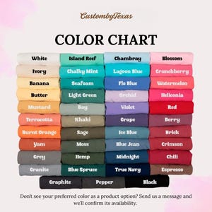The image is a color chart displaying various colors, including white, island reef, chambray, blossom, butter, light green, orchid, kaki, grape, berry, brick, yam, moss, grey, hemp, blue spruce, true navy, black, and espresso.