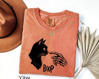 Comfort Colors® Cat Halloween Shirt, Skeleton Cat Shirt, Cute Halloween Shirt, Cat Lover Shirt, Skeleton Hand Cat Boop Shirt, Cat Mom Gift