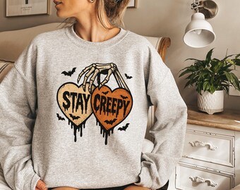 Stay Creepy Halloween Sweatshirt, Funny Halloween Skeleton Hand Tee, Cute Spooky Heart T-Shirt, Creepy Season Shirt, Halloween Graphic Tee
