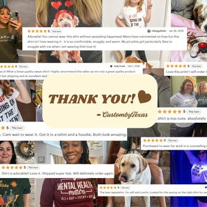 The image is a collage of various images featuring people wearing t-shirts with different designs and text, as well as images of dogs and people. The collage includes a central image with a heart and the text "Thank you! Custom Texas" and several smaller images with text and ratings.