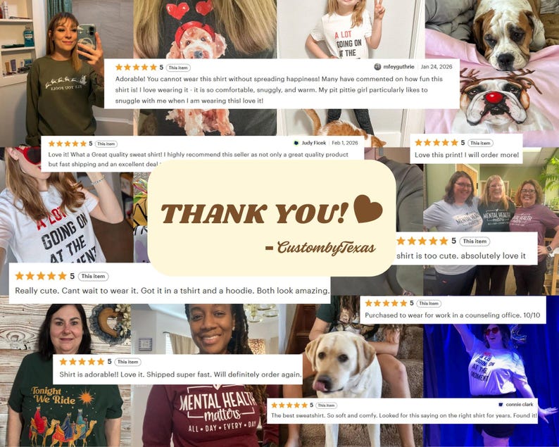 The image is a collage of various images featuring people wearing t-shirts with different designs and text, as well as images of dogs and people. The collage includes a central image with a heart and the text "Thank you! Custom Texas" and several smaller images with text and ratings.