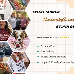 The image is a collage of various images featuring people and products, with a focus on the "WHAT MAKES CustombyTexas STAND OUT".