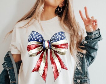 Coquette USA Shirt, 4th of July Shirt Women, USA Flag Shirt, Floral Patriotic Shirt, Red White Blue, Girly 4th of July Shirt, Flower USA Tee