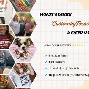The image is a collage of various images featuring people and products, with a focus on the "WHAT MAKES CustombyTexas STAND OUT".