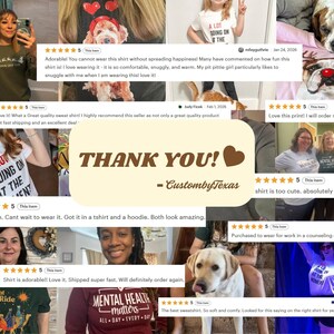 The image is a collage of various images featuring people wearing t-shirts with different designs and text, as well as images of dogs and people. The collage includes a central image with a heart and the text "Thank you! Custom Texas" and several smaller images with text and ratings.