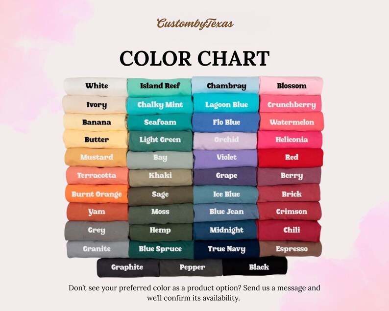 The image is a color chart displaying various colors, including white, island reef, chambray, blossom, butter, light green, orchid, kaki, grape, berry, brick, yam, moss, grey, hemp, blue spruce, true navy, black, and espresso.