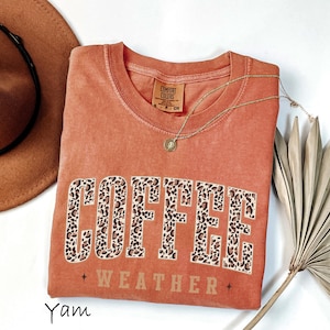 May include: A terracotta-coloured crew neck sweatshirt with the words "COFFEE WEATHER" in a leopard print design. A gold necklace and a brown hat are next to the shirt. A dried palm leaf is on the right side of the shirt.