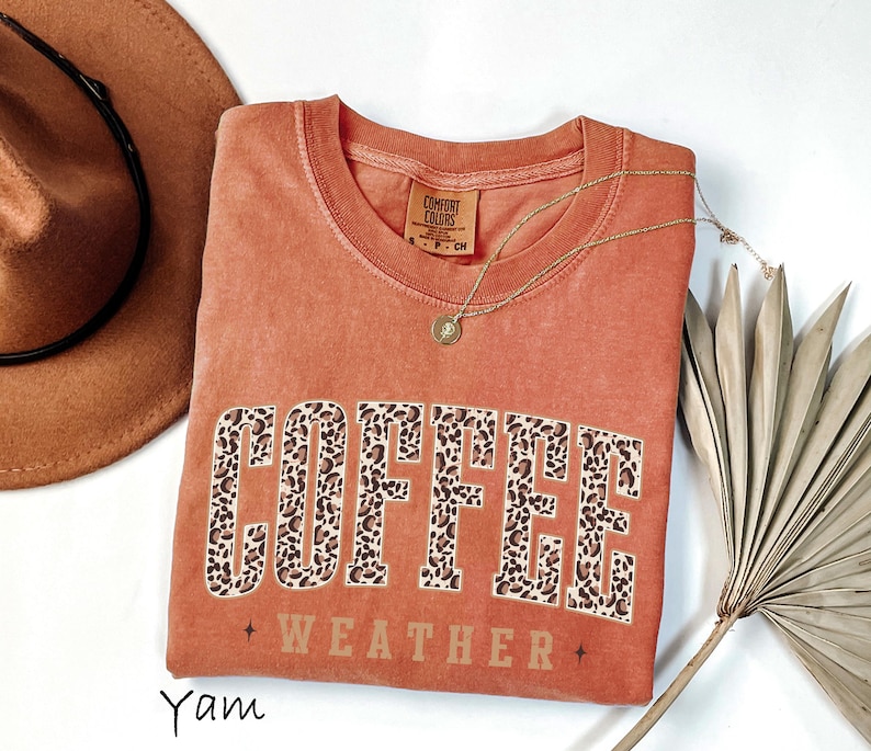 May include: A terracotta-coloured crew neck sweatshirt with the words "COFFEE WEATHER" in a leopard print design. A gold necklace and a brown hat are next to the shirt. A dried palm leaf is on the right side of the shirt.