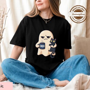 Comfort Colors Grumpy Ghost Shirt, Meh Coffee Mug Tee, Black Cat, Funny Halloween Gift
