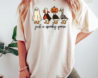 Just A Spooky Goose Shirt, Funny Halloween T-Shirt, Skeleton Pumpkin Ghost Goose Sweatshirt, Trick Or Treat Shirt, Silly Goose Costume Tee