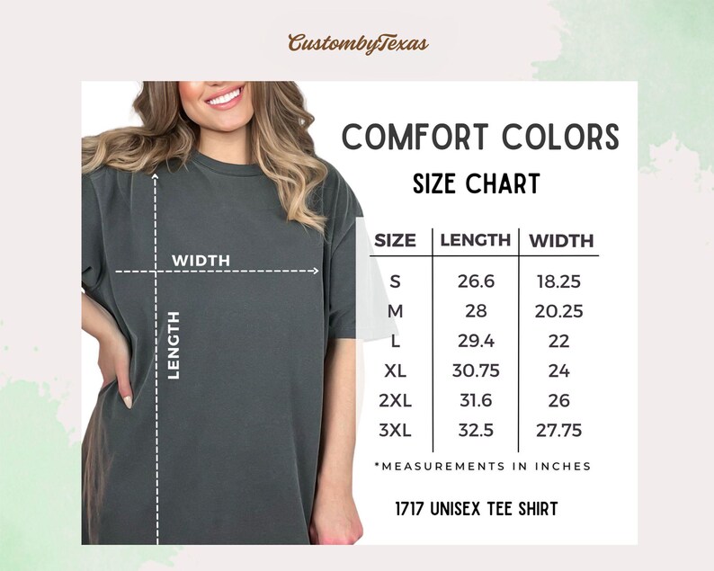 The image is a size chart for a 17-17 unisex tee shirt, showing the measurements for different sizes in inches.