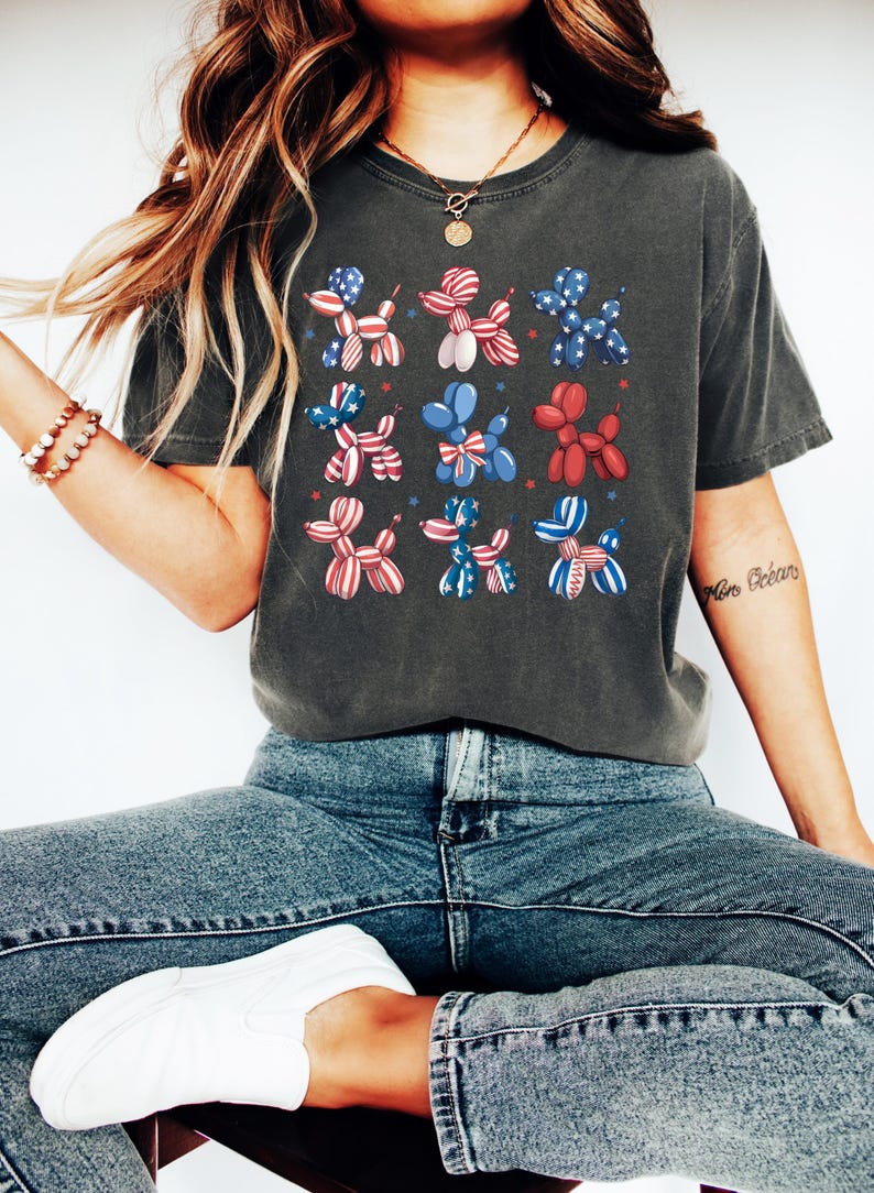 Funny 4th Of July Balloon Dog Shirt, Patriotic Shirt, Memorial Day Shirt, Summer Shirt, Independence Day Shirt, Preppy American Flag Shirt immagine 3