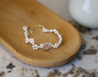 Pink Natural Gemstone Pearl Bracelet, Gift for Women, Birthday Gift