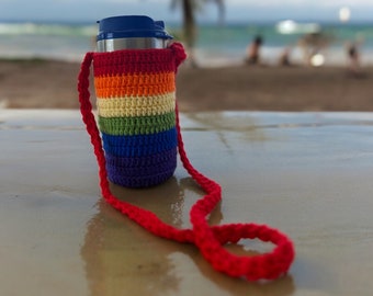 Rainbow Bottle Holder,Crochet Rainbow Color Crossbody Bag,Pride Month Gift,Crochet Bottle Holder,Crochet Pride Bag,Rainbow Bottle Holder