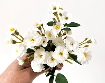 Primroses - 6 Short Stems Artificial Pompon Roses in White - Small White Roses, Small White Flowers, Artificial Flowers - ITEM 01322