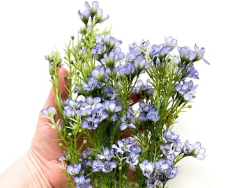 6 Stems Wax Flower Mini Flowers in purple/blue plus Foliage - Artificial Flowers - ITEM 1140