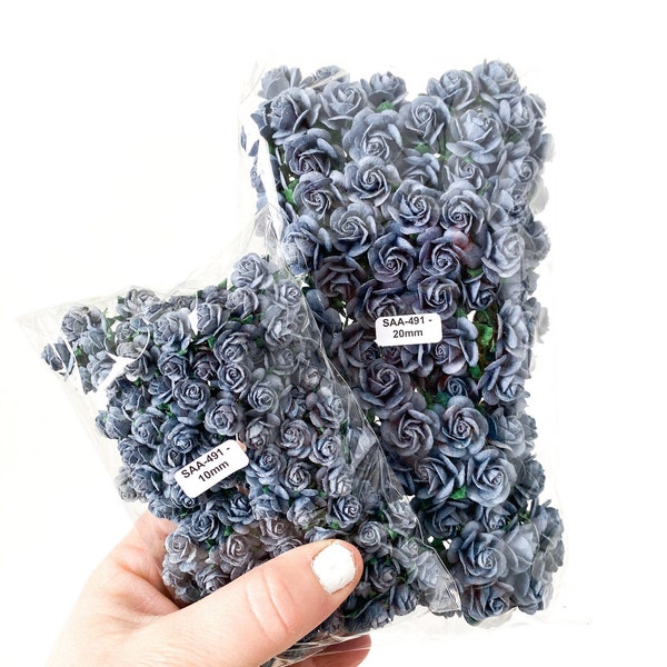 100 ANTiQUE BLUE Open Rose Mulberry Paper Flowers - 10-20mm- CHO0SE SIZE - Paper Roses - Blue Paper Roses, Blue Roses, Tiny blue roses