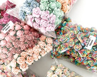 100 Open Rose Mulberry Paper Flowers - CHOOSE COLOR - 10mm - Artificial Flowers, Tiny Paper Roses - Rainbow, Mix, Pink Tones