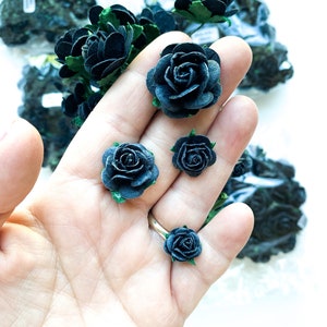 Black Open Rose Mulberry Paper Flowers -CHO0SE QTY 10 or 50 & SIZE 10-25mm