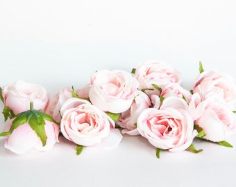 12 Small Cabbage Roses in White with Light Pink -Flowers, Silk flowers, Artificial Flowers -read description-ITEM 01563