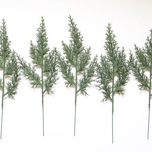 May include: Five sprigs of artificial greenery with a light green color. The sprigs are arranged in a row on a white background.