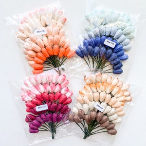 50 petites tulipes fleurs en papier mûrier dans des tons de couleurs mélangées sur des tiges métalliques - Choisissez un mélange de couleurs - fleurs en papier - petites tulipes en papier