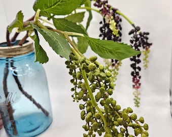 Puede incluir: Un tarro Mason azul con tapa dorada contiene una rama de vegetación artificial. La vegetación incluye hojas verdes, capullos verdes y racimos colgantes de bayas de color púrpura oscuro. El fondo es blanco.