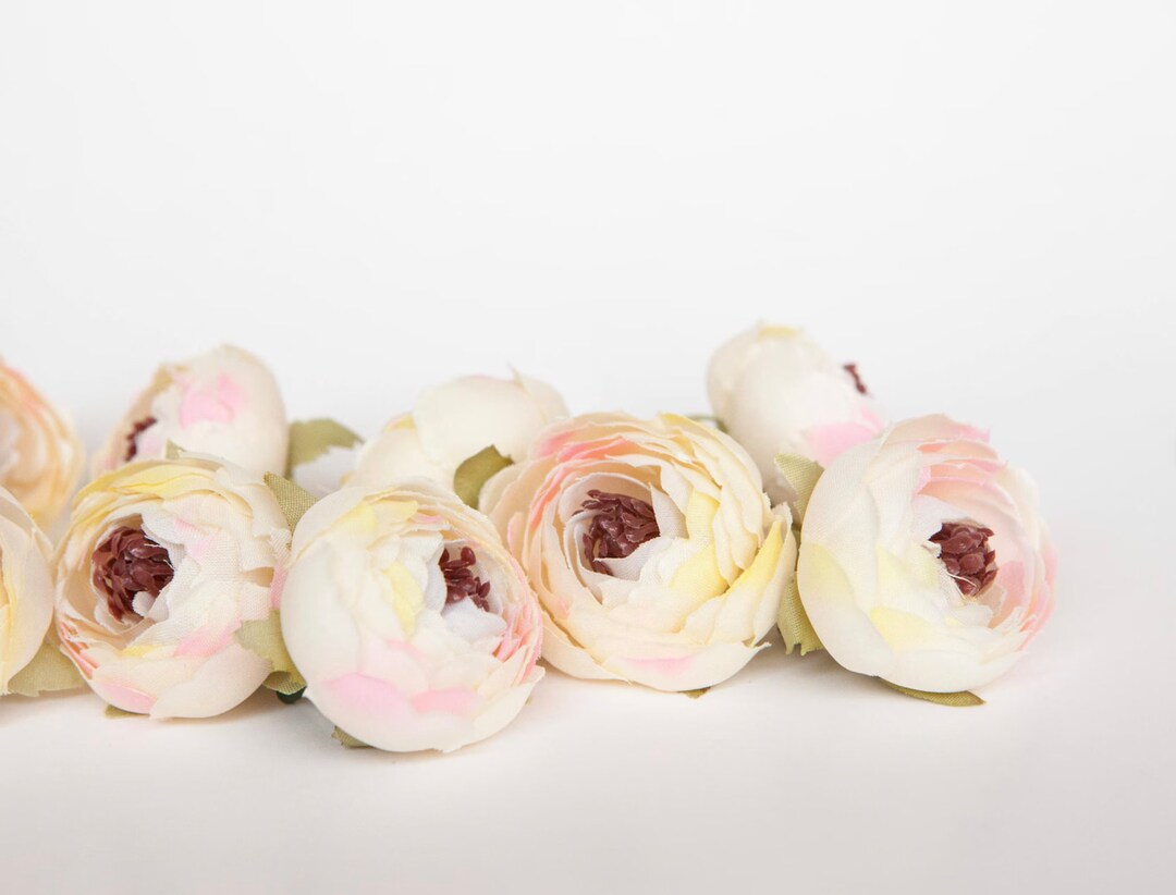 Small Ranunculus Invertirbrate 10 Small Ranunculus in Ivory and Pink - Silk Artificial Flower - ITEM ...