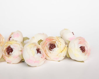 10 Small Ranunculus in Ivory and Pink - silk artificial flower - ITEM 01182