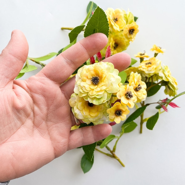 Small Pompon Roses in Yellow and Apple Green - Primroses - Small Bunches/Bouquet of Primrose Flowers - Artificial Pompon Roses, Yellow Rose