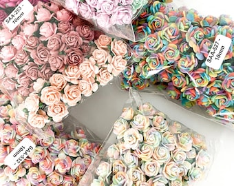 100 Open Rose Mulberry Paper Flowers - CHOOSE COLOR - 10mm - Artificial Flowers, Tiny Paper Roses - Rainbow, Mix, Pink Tones