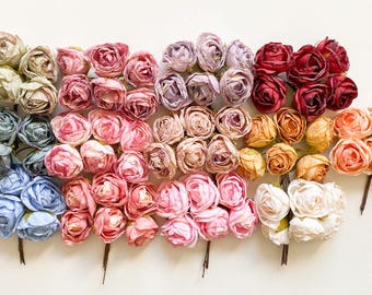 12 Small Dry Look Roses on Wire Stems - CHOOSE COLOR - Sold As Is, Artificial Roses, Corsage Flowers - READ Description