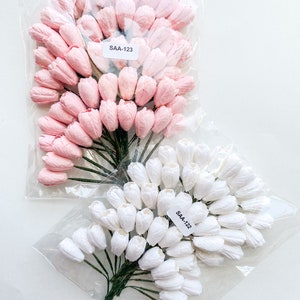 50 piccoli fiori di carta di gelso tulipano in rosa o bianco su steli di filo - Scegli COLORE - Fiori di carta - Piccoli tulipani di carta, tulipani rosa, bianchi