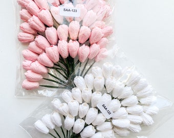 50 petites tulipes fleurs en papier mûrier roses ou blanches sur des tiges métalliques - couleur au choix - fleurs en papier - petites tulipes en papier, tulipes roses, blanc