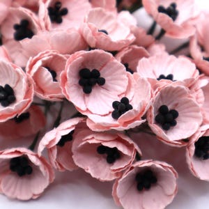 May include: A collection of delicate, light pink paper flowers with black centers. The flowers have multiple petals and are clustered together, creating a soft, textured appearance. Ideal for crafting and decorative projects.